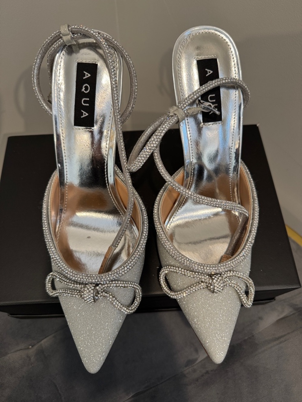 Aqua Silver Crystal Bow Pointed-Toe Ankle-Strap Stiletto Pump - Picture 4 of 9